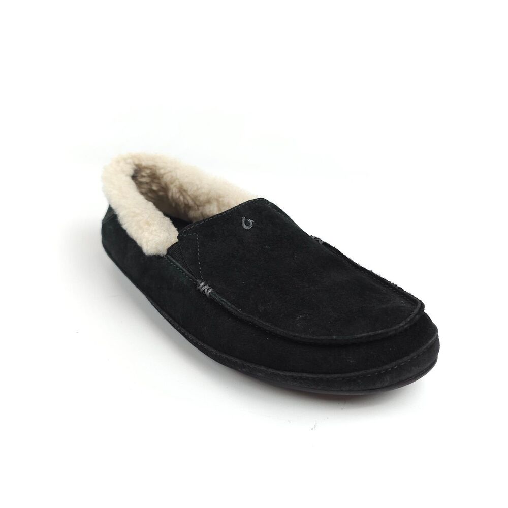 OLUKAI Ku'una Genuine Wool Shearling Slipper Black Leather Lounge Cozy Boho 8